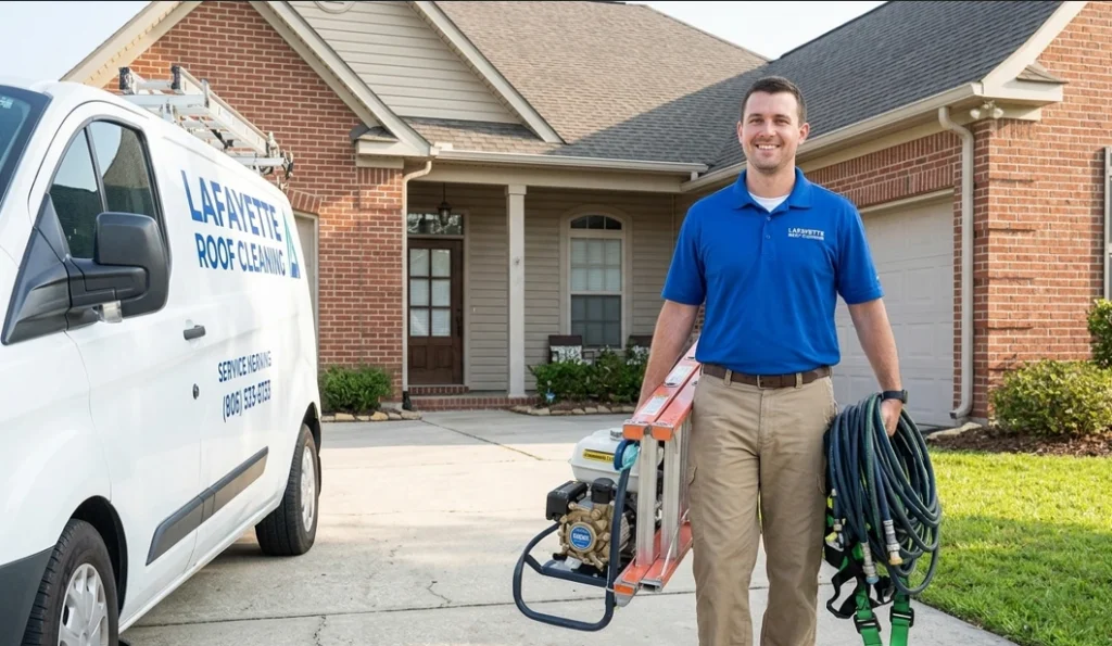 Friendly roof cleaning technician holding equipment in front of a service van in Lafayette, Louisiana.