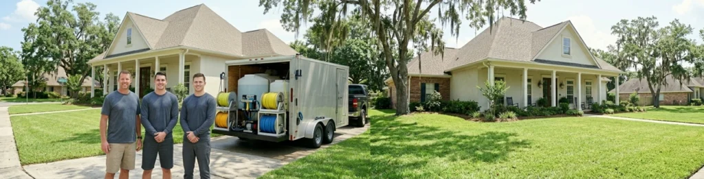 Professional soft wash team from Lafayette Pro Wash standing in front of residential equipment trailer in Lafayette, Louisiana
