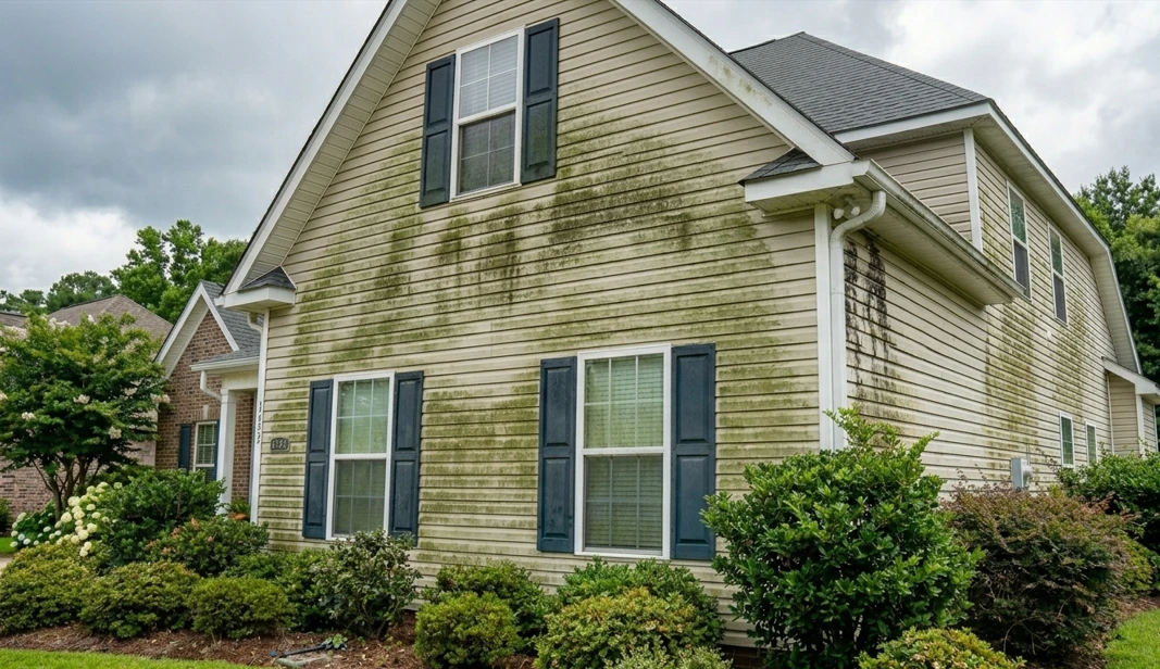 Neglected residential home siding covered in heavy green moss and dark algae stains before cleaning.