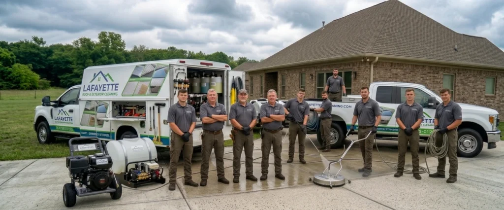 Complete Lafayette Roof & Exterior Cleaning team in front of custom service trucks and equipment, operating a professional concrete surface cleaner.