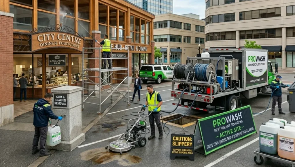 Professional team performing restaurant exterior, graffiti, and grease trap cleaning in Lafayette
