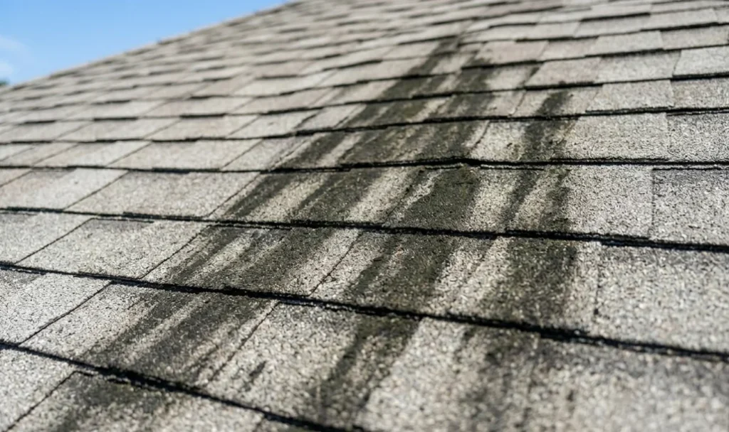 Close-up view of dark black algae streaks and buildup on residential roof shingles in Lafayette.