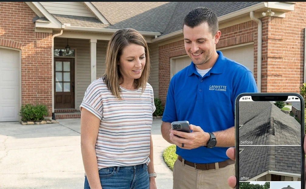 Technician showing a customer smartphone photos of roof cleaning results at a home in Lafayette.