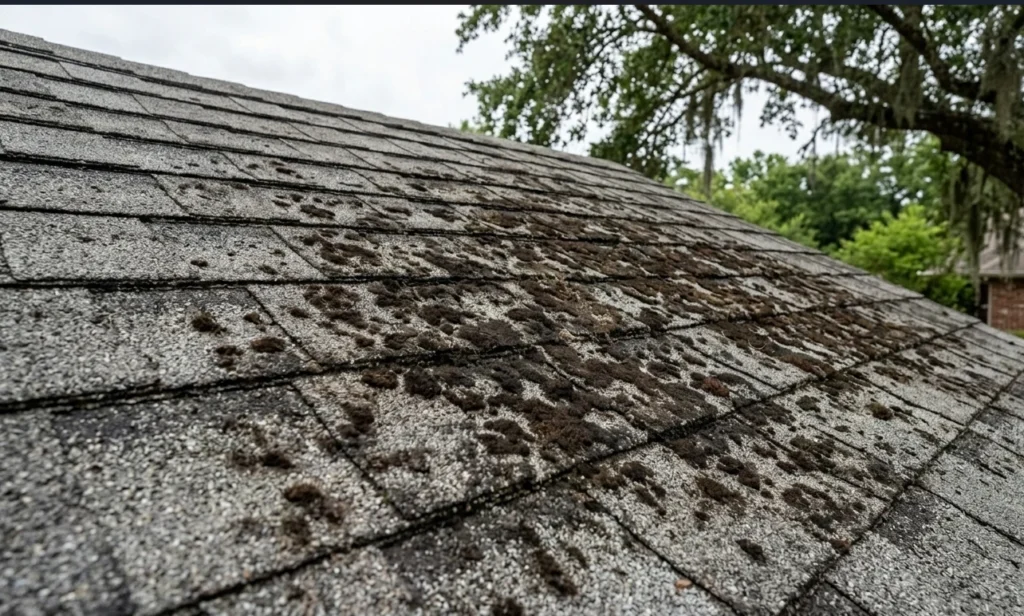 Dark mold and mildew patches covering residential asphalt roof shingles in the Lafayette, Louisiana area.