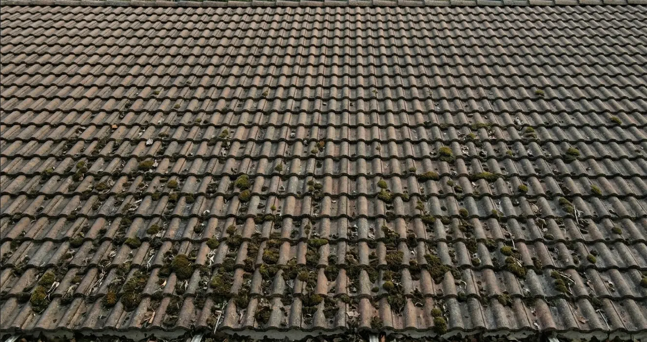 Roof with moss growth before professional roof cleaning in Lafayette