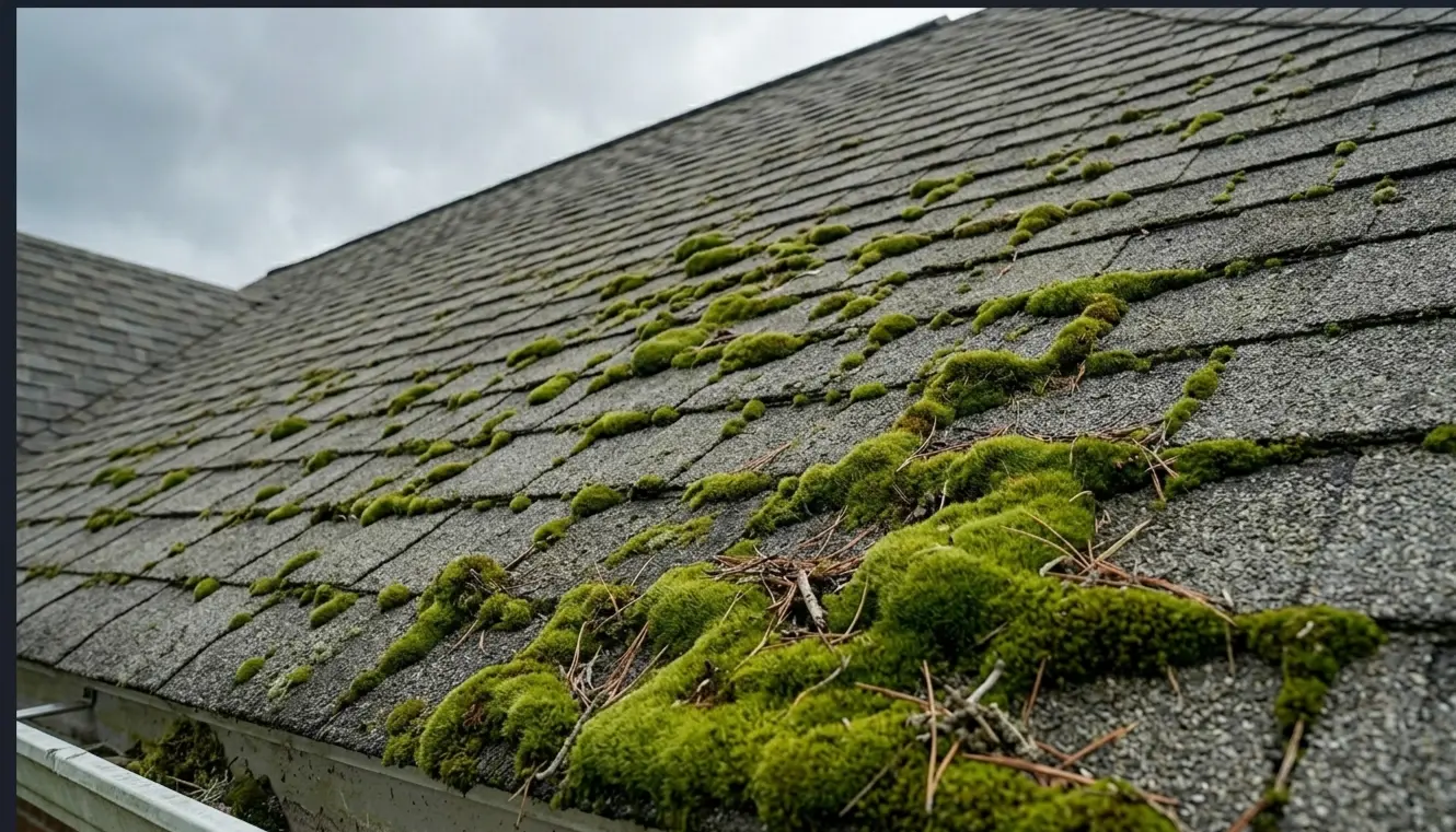 Residential asphalt roof shingles in Lafayette covered with green moss before professional soft wash cleaning.