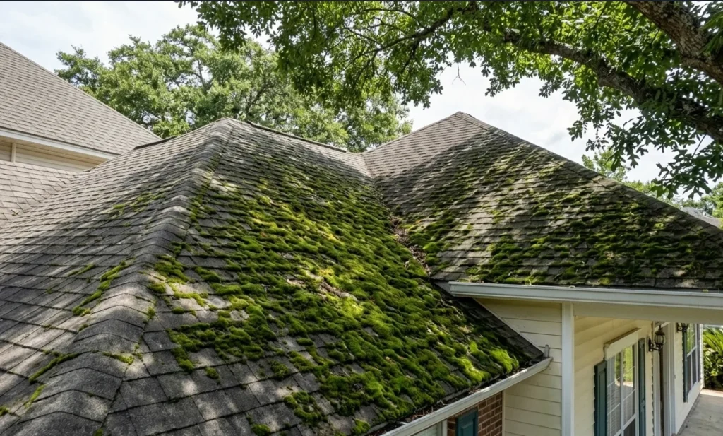 Thick green moss growing on residential roof shingles under a tree canopy in Lafayette, Louisiana.
