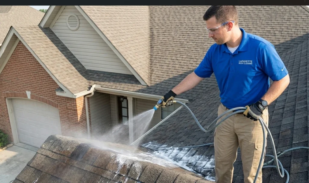 Professional technician using a soft wash system to clean asphalt roof shingles in Lafayette, Louisiana.