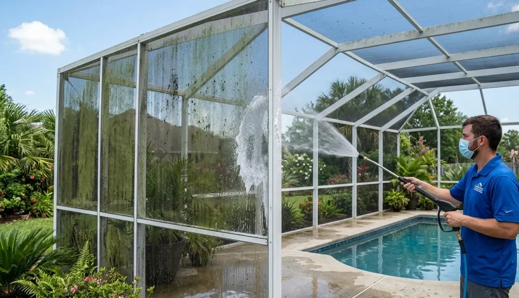 Professional softwash cleaning for pool cages and porch screens to ensure damage-free results.