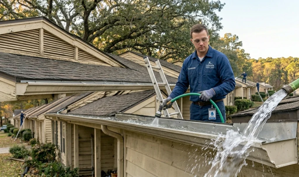 Close-up of a technician removing a large clog of matted leaves from a residential gutter.