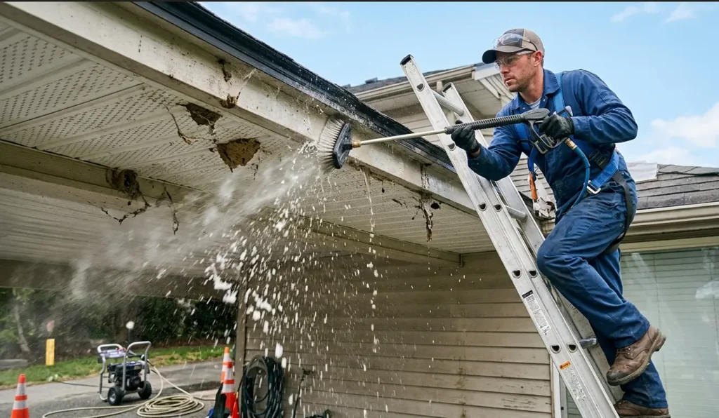 Technician on a ladder cleaning soffits and fascia to remove cobwebs and mildew.