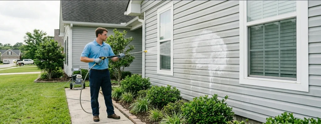 Professional soft wash technician cleaning vinyl siding on a residential home in Lafayette, LA using low-pressure equipment."