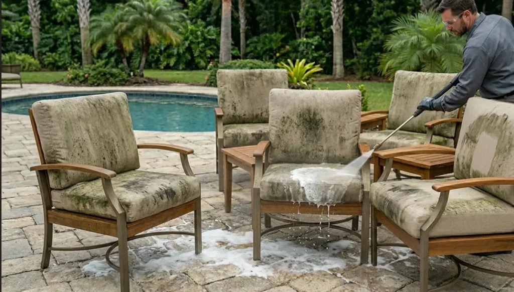 A person wearing safety glasses and a mask uses a pressure washer and cleaning foam to restore the beige fabric cushions of outdoor wooden chairs.