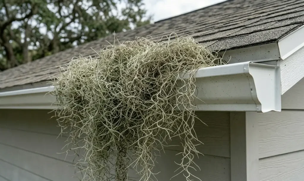 A residential roof gutter in Lafayette heavily clogged with Spanish moss requiring professional debris removal.
