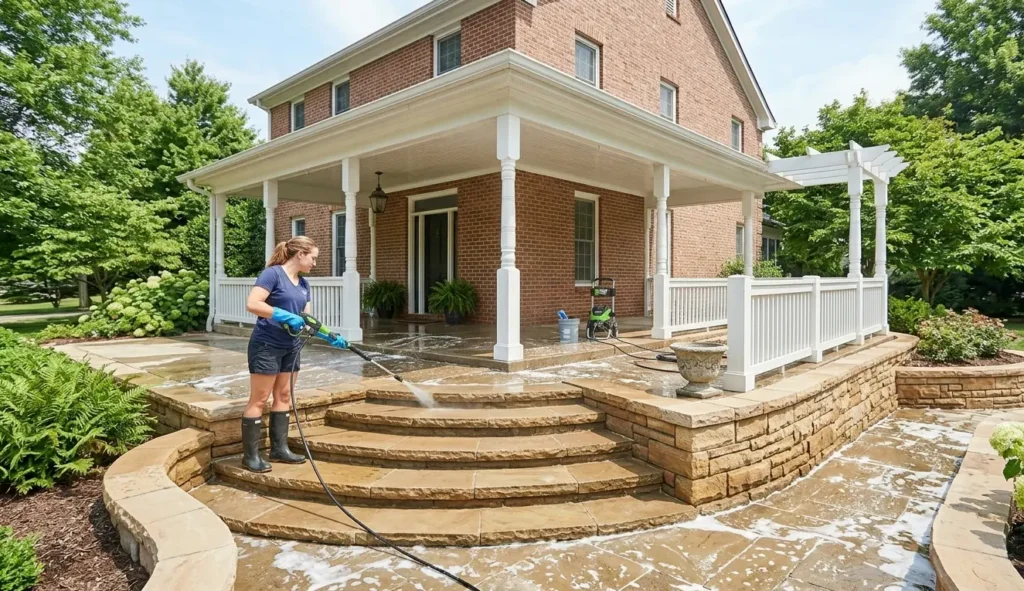 Professional pressure washing of stone steps, retaining walls, and patio perimeter in Lafayette.