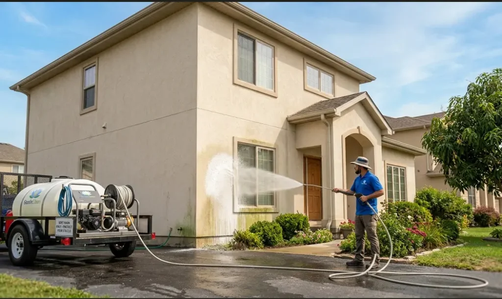A contractor pressure washing heavy black mold off the stucco walls of a large house.