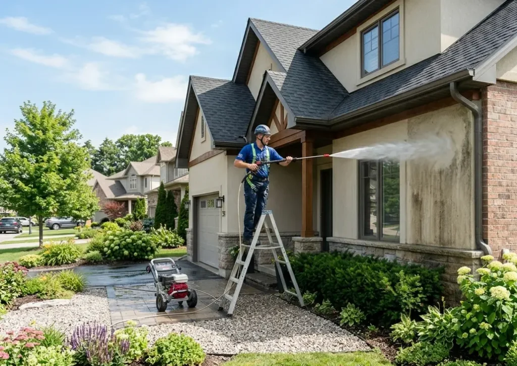 A professional technician on a stepladder power washing a dirty stucco exterior wall of a two-story brick and stucco home.