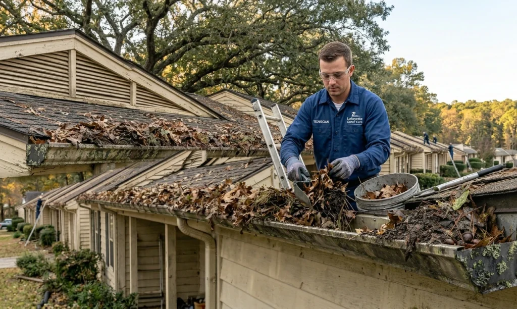 A technician clears a gutter of leaves and uses a high-pressure tool to flush debris.