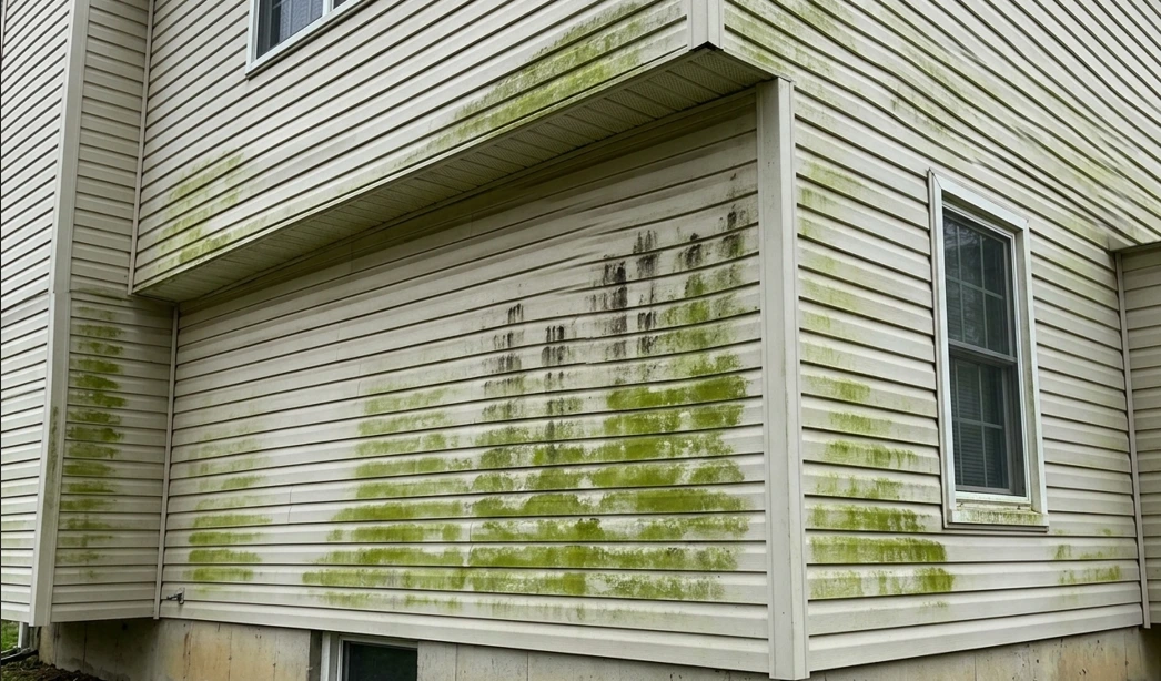vinyl siding before green algae mildew lafayette North-facing vinyl siding covered in thick green algae layers and dark mildew streaks.
