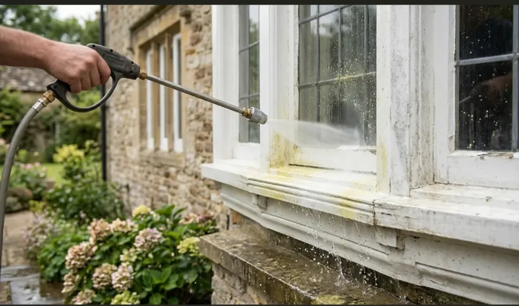 Pressure washing wand spraying water to clean pollen and dirt off old window frames.