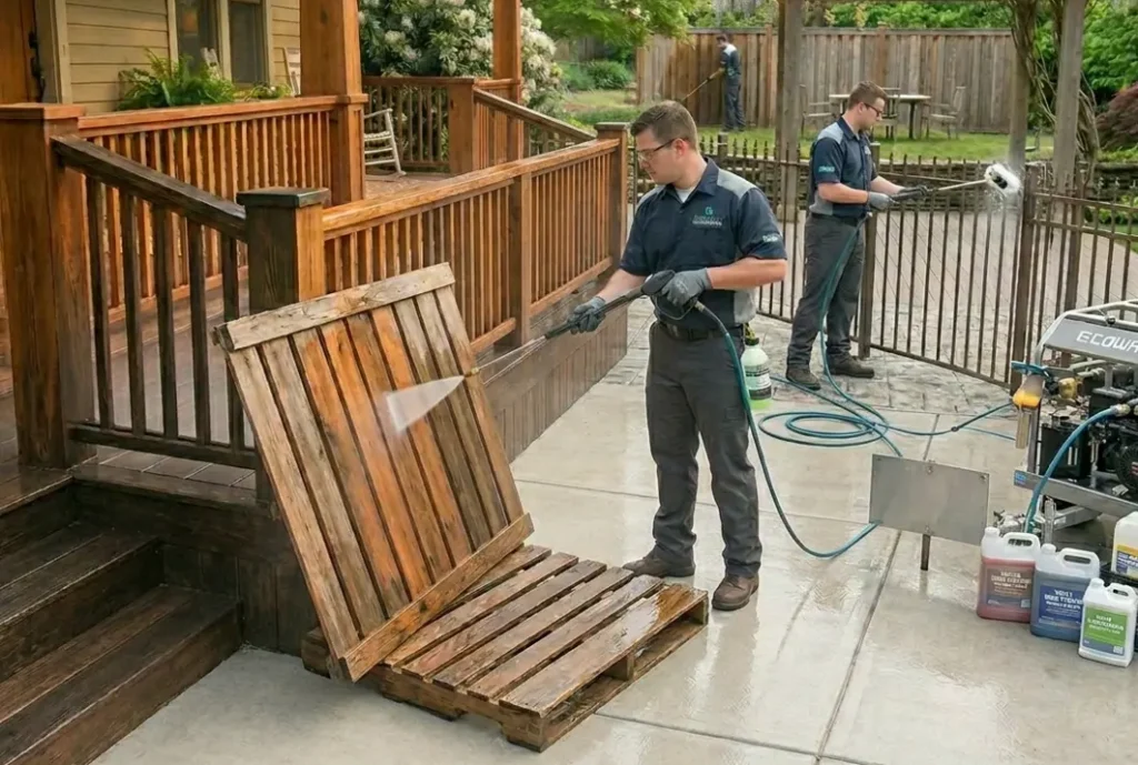 A technician uses a pressure washer to clean a wooden pallet next to a porch.