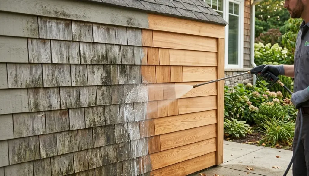 Professional softwash cleaning for wood siding and cedar shakes that preserves wood grain and prevents splintering.