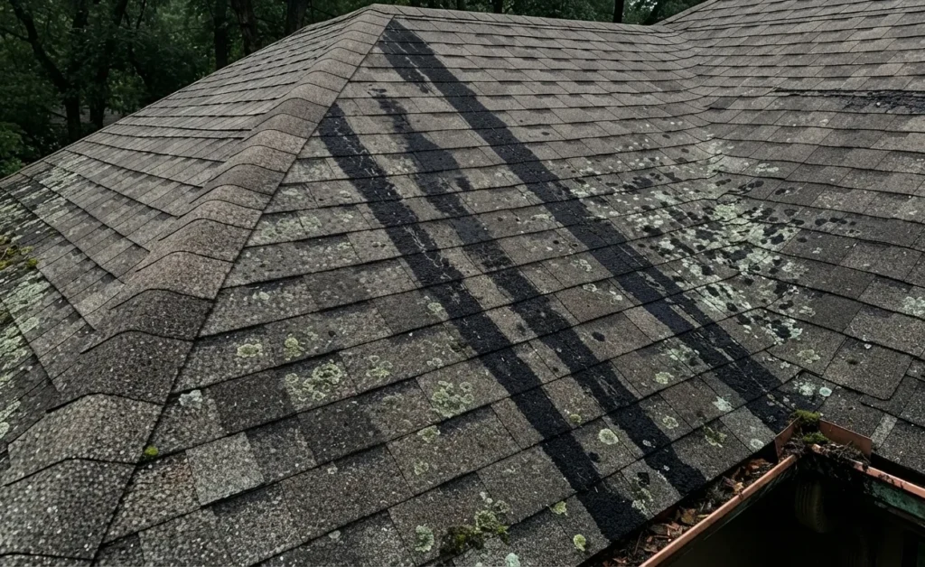 Asphalt Shingle Roof with Severe Gloeocapsa Magma Algae and Lichen Infestation