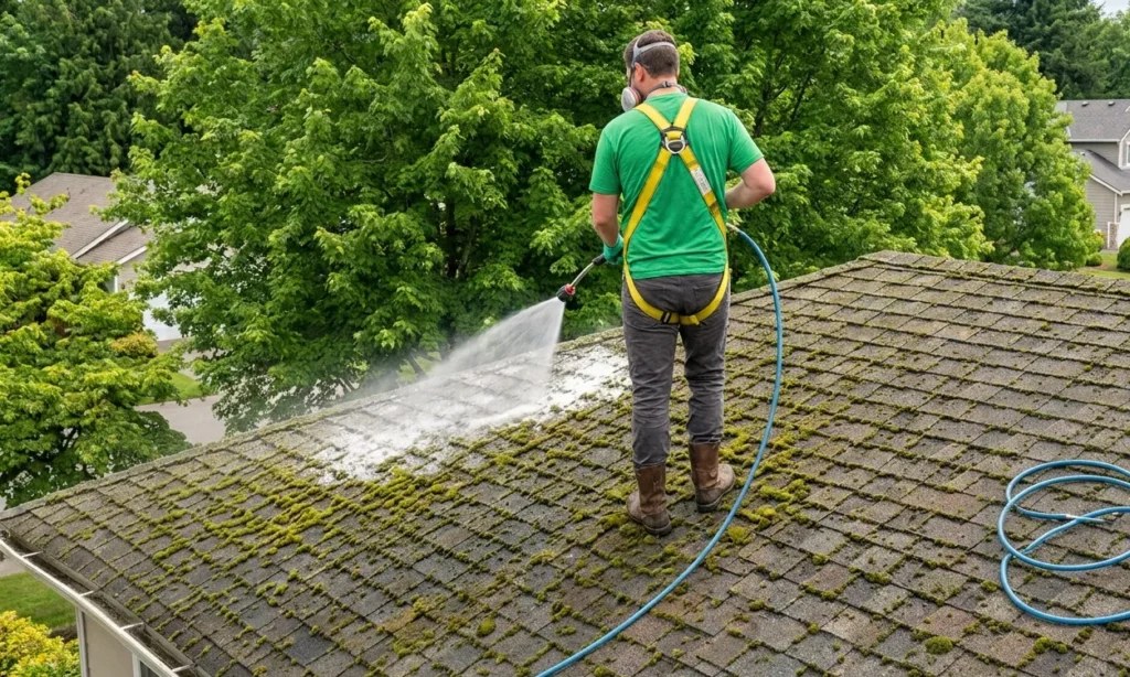 Professional technician soft washing a moss-covered shingle roof in Lafayette
