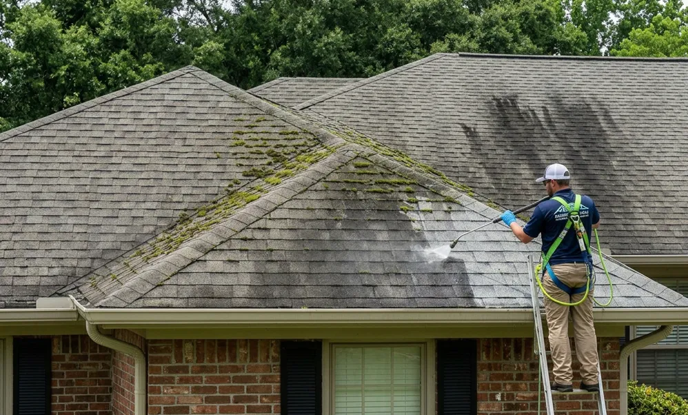 Professional soft wash roof cleaning removing black algae streaks and moss from asphalt shingles in Lafayette, LA.