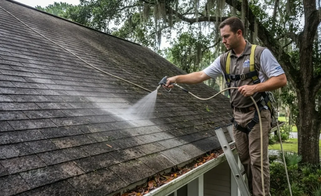 Professional technician applying soft wash treatment to clean an algae-stained roof in Lafayette, LA.