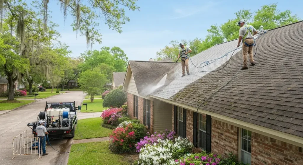 Professional soft wash roof cleaning service in Lafayette, LA, removing moss and algae from residential asphalt shingles.