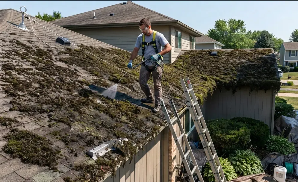 Technician in harness pressure washing thick moss from a Lafayette roof.